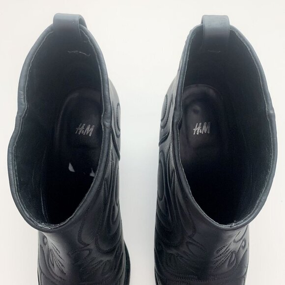 H&M Leather Western Cowgirl Core Block Heel Black Ankle Cowboy Boots Size 38 - Picture 3 of 13